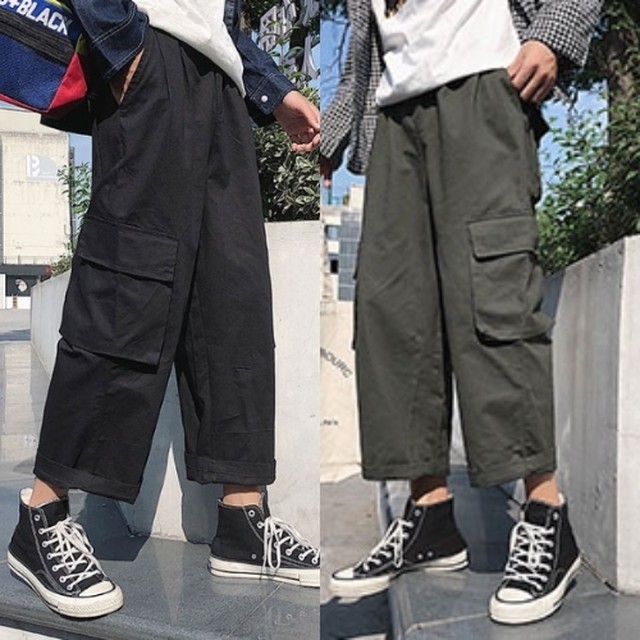 全2色 メンズ ワイドレッグ マルチポケット ルーズ パンツ あぱれる泥棒