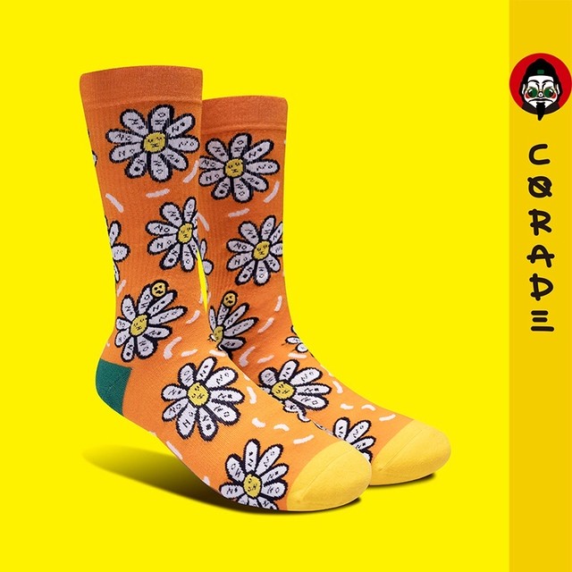 Corade X Orzysox オレンジ色花柄 靴下 送料無料 メンズ レディース ユニセックス Corade