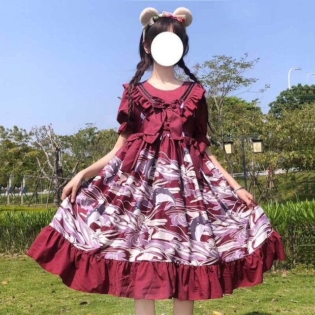 Lolita Op Dress ロリータドレス ワンピース ロリィタ お茶会 撮影 Cosplay イベント 甘ロリ 半袖 ワインレッド フリー Mintcat