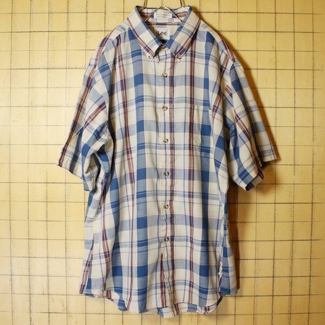 70s 80s Usa Lee リー 半袖 ボタンダウン チェック シャツ ブルー メンズxl ビッグサイズ アメリカ古着 0513ss102 古着屋ataco Garage