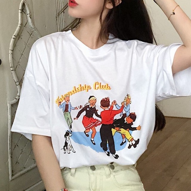 レトロプリントtシャツ オーバーサイズ ルーズ カジュアル 韓国系 夏 3color Ms Simple