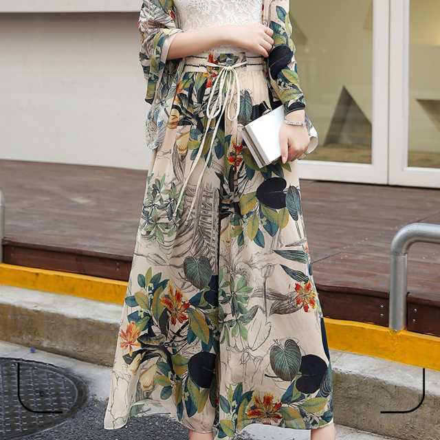 ガウチョパンツ スカートパンツ パンツスカート スカンツ スカーチョ ウエストゴム テロテロ タックパンツ パンツフレア リゾート ハイウエスト レトロ 花柄 リーフ柄 お洒落 大人可愛い シンプル 夏 ビーチ 海 海水浴 お出かけ 旅行 パーティー 二次会 レディース 春