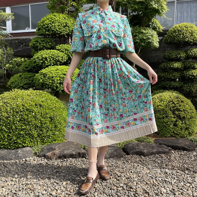 花柄ワンピース Usヴィンテージ レトロ古着 花柄 グリーン Of13 古着屋granme