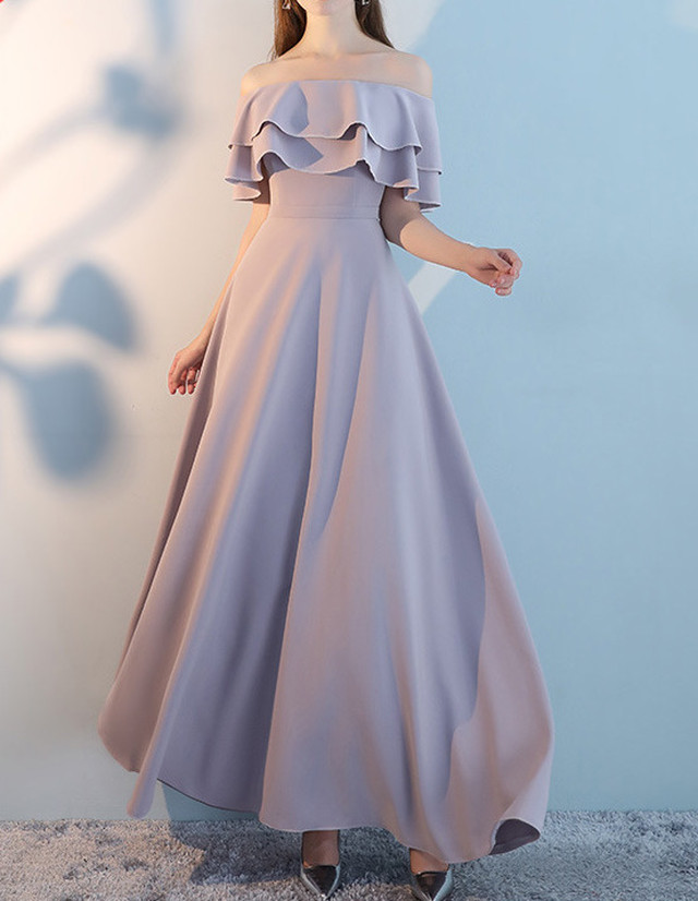 ロング丈ドレス オフショルダー ２段 フリル グレー 灰色 フェミニン カラードレス エレガント 上品 大人 女子 フォーマル 結婚式 二次会 お呼ばれ パーティ 10代 代 30代 40代 32 La Vie En Rose