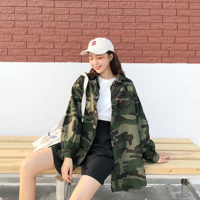 シャツ レディース 長袖 ロング チュニック ブラウス ジャケット トップス 迷彩柄 カジュアル 可愛い ゆったり Jm96 Dress No Sato