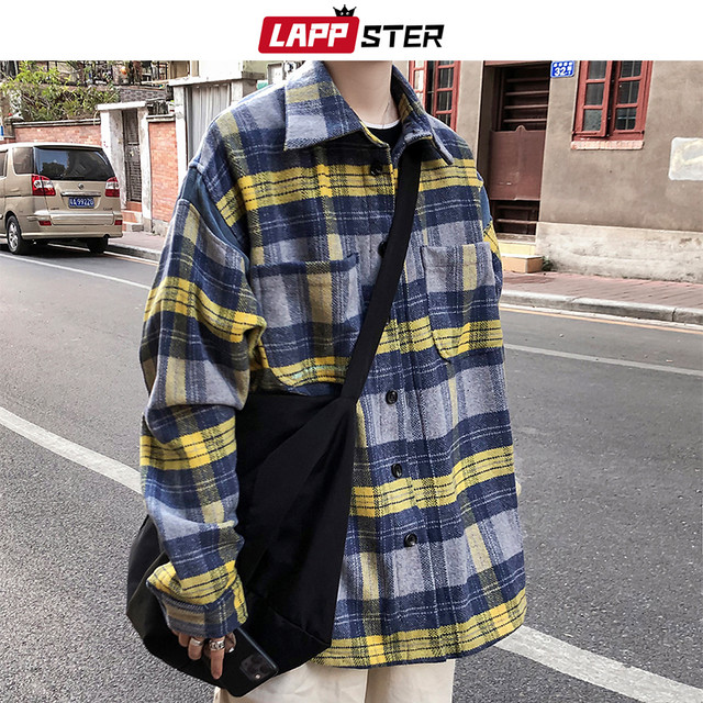 Lappsterメンズヴィンテージcolorblockチェック柄シャツメンズストリート原宿シャツ厚手長袖カップルのシャツ ロング かわいい ビンテージ Lappster公式ストア Efect