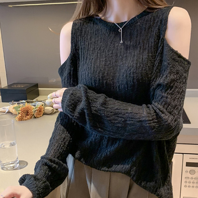 トップス セーター ニット 長袖 Vネック オフショルダー 肩出し 肌見せ 無地 セクシー カジュアル デイリー おでかけ 秋冬 M Fun H