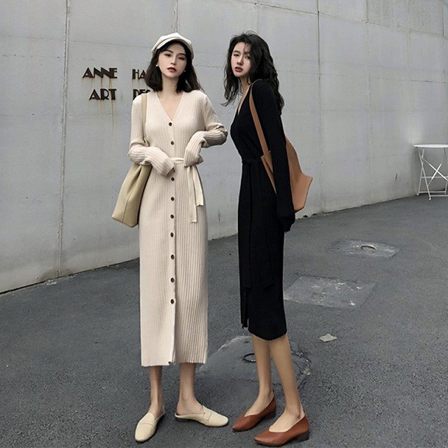 ワンピース レディース ニットワンピース 秋冬 ロングワンピース 長袖 秋 ニット ワンピース 大きいサイズ フロントボタン Vネック 大人可愛い 可愛い お洒落 カジュアル 普段使い Vネック ゆったり ゆるい ベルト付き Tresor