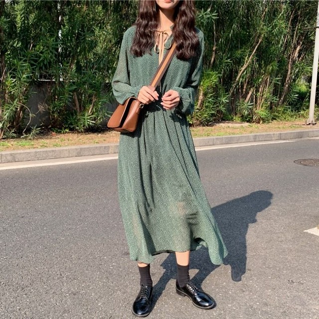 レトロ グリーン ワンピース 大人可愛い ハイウエスト 水玉 ドット お出かけ ロングワンピース シンプル 春秋 0227 Smarly