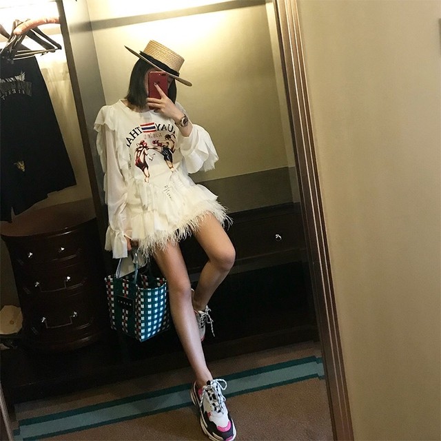 【即納】volume frill print shirt