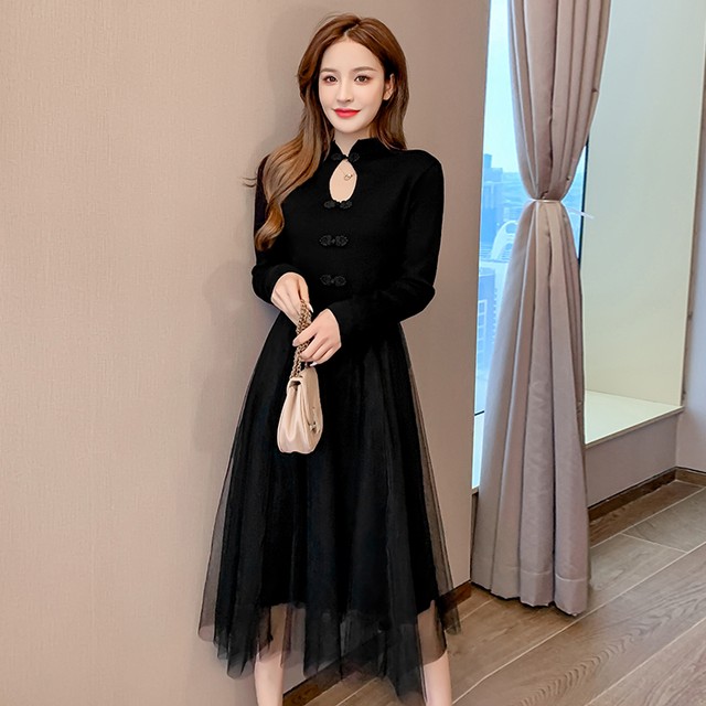 チャイナ風ワンピース ニットワンピース チャイナボタン 長袖 Aライン ロングワンピース チャイナ風服 かわいい Beautycam