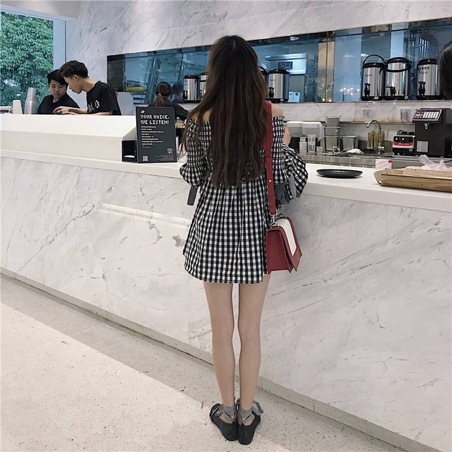 ミニ丈 オフショル ワンピース フレア 長袖 ギンガムチェック レトロ 大人可愛い ベルスリーブ ハイウエスト 春 夏 ガーリー Cgch Cg1p