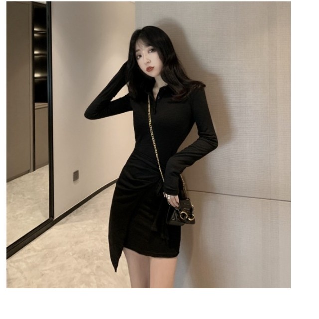 ハイウエスト ワイドパンツ 韓国 ファッション レディース 秋冬 ウエストリボン Aライン 長袖 ニットワンピース Vネック ハイウエスト キ Basecamp49