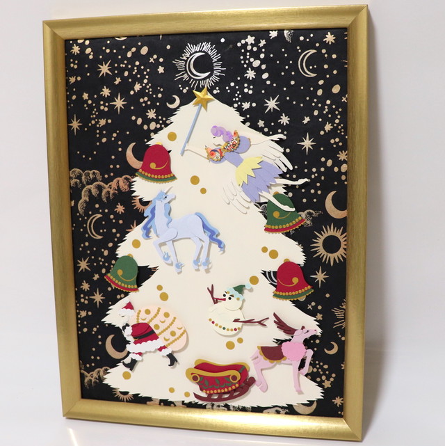 クリスマスツリー 天使とユニコーンのペーパークラフト壁掛け ブラック Kuromaroshop