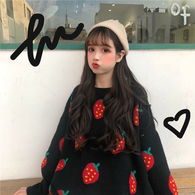 韓国ファッション オルチャン いちご イチゴ ニット セーター 冬 トップス オーバーサイズ 原宿系 黒 ブルー イエロー かわいい レトロ K511 Korean Select 韓国ファッション オルチャンファッション