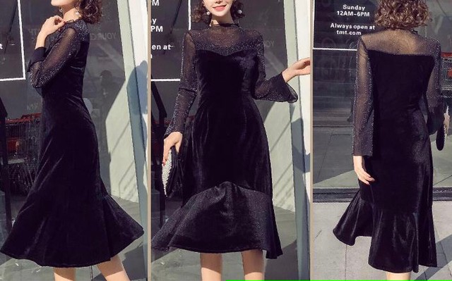ドレス ワンピース ラメ レース ベルベット パーティー 結婚式 長袖 ミモレ丈 フレア ミモレ丈 Sale 韓国 549 Justu710