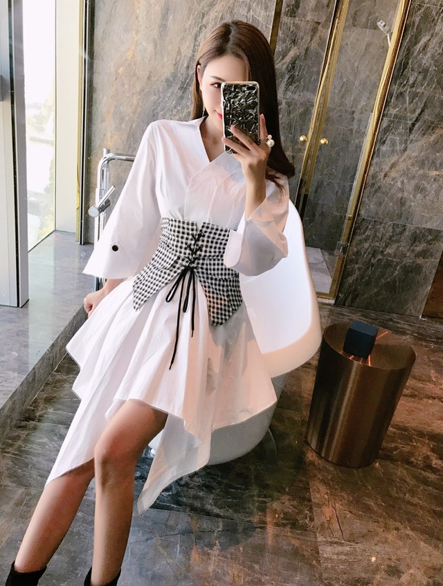 ギンガムチェックが可愛い コルセットベルト付きシャツワンピース Yumi Shop