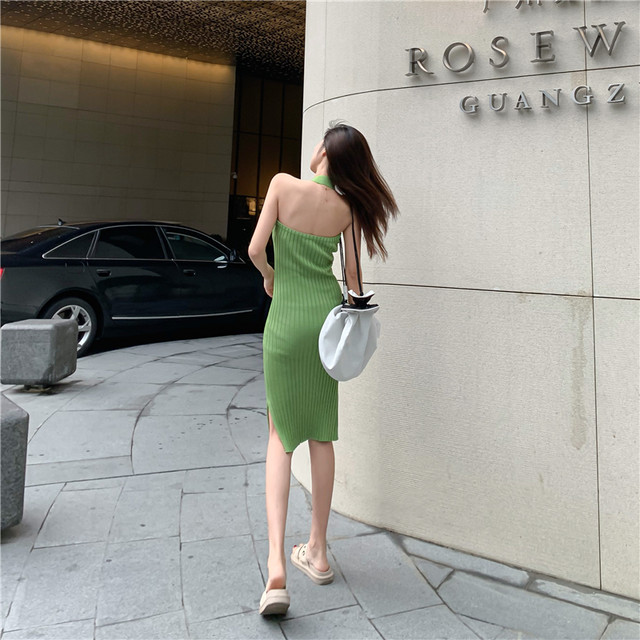 サマーニットワンピース ホルターネックワンピース グリーン ミドル丈 California Express