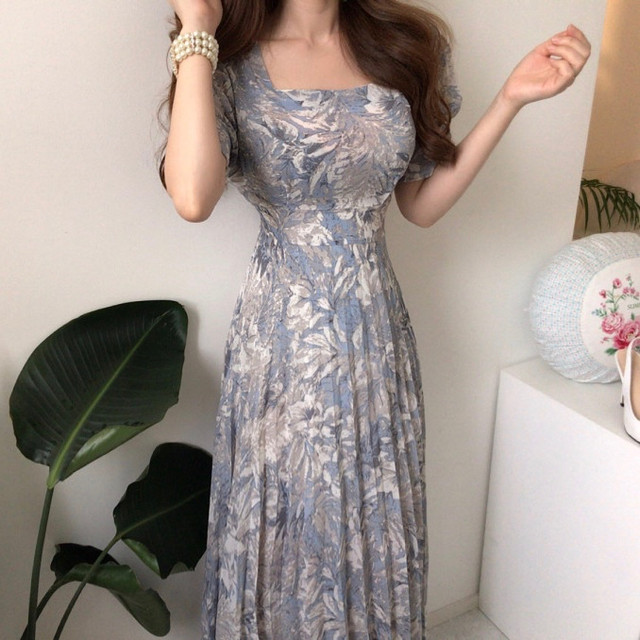 全3色パフスリーブプリーツ花柄ワンピース