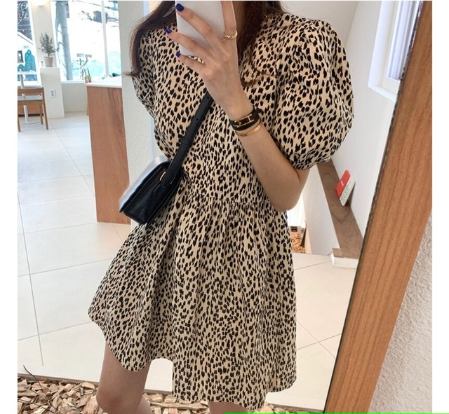 レオパード柄 パフスリーブワンピース 韓国ファッション ガーリーファッション パフスリーブ アニマル柄 Fee Lulu