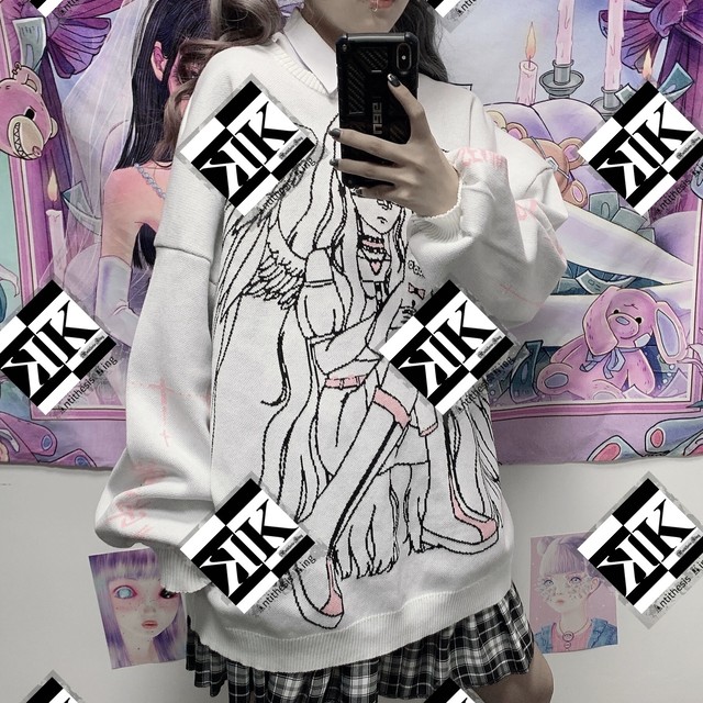 レディース ニット 病み かわいい 白 黒 絵 柄 やみ かわいい 地雷系 韓国 流行 学生 若者 M41 Antithesis King レディースファション部門