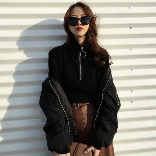 ニット セーター カーディガン ハイネック スリムフィット インナー リングジッパー 韓国ファッション 秋冬 Initium