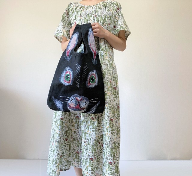 ナタリーレテ ジャガード トートバッグ 白うさぎの顔 ホワイト Loosey Goosey