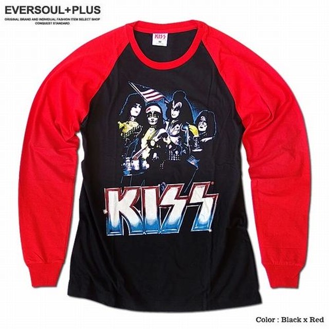 長袖 Tシャツ カットソー トップス メンズファッション ロック系コーデ 伝説のロックバンド Kiss キッス ロゴプリント ラグランロンt ロックバンド 長袖tシャツで バンドメンバー プリント ラグランロングスリーブ 正規ライセンス並行輸入商品 袖リブ切替 1004 Eplus973