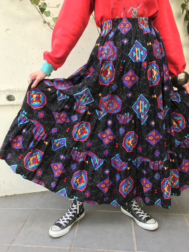 Vintage Black Multi Color Native Cotton Long Skirt ヴィンテージ ブラック マルチカラー ネイティブ柄 コットン ロング スカート Riyad Vintage Shop