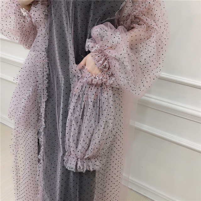 ガウン ガウンワンピース ランタンスリーブ ボリュームスリーブ フリル 透け感 ドット ピンク ガーリー フェミニン Top Mode