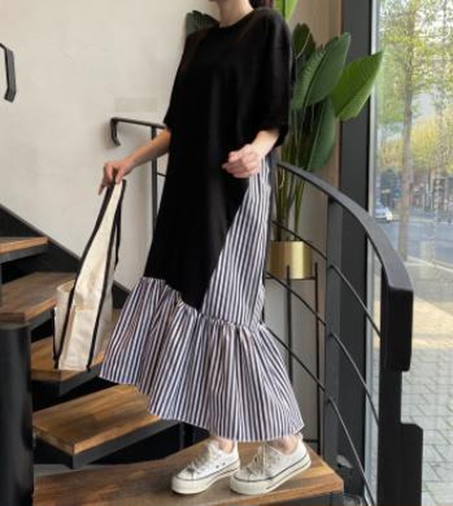 ワンピース モノトーンストライプ Tシャツワンピース ブラック Lovely Nagoya