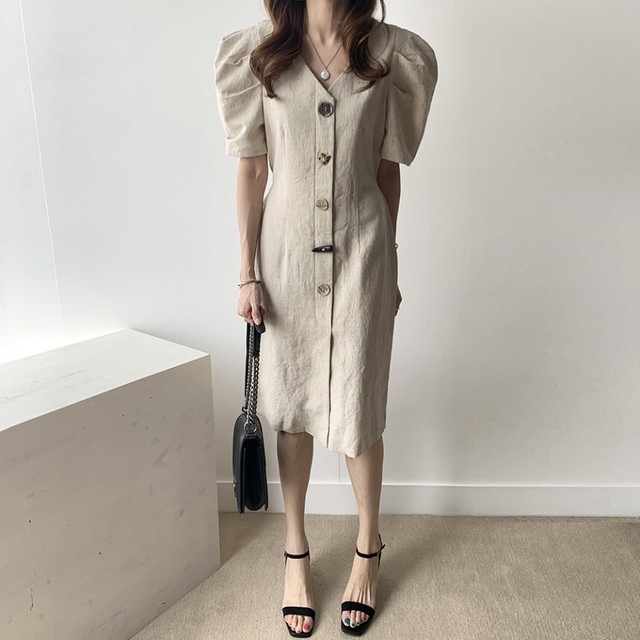 ワンピース Vネック 半袖 パワーショルダー ボリューム袖 ひざ丈 タイト Iライン シンプル ナチュラル きれいめ フェミニン 上品 春 夏 Pa134 Mahha Planet