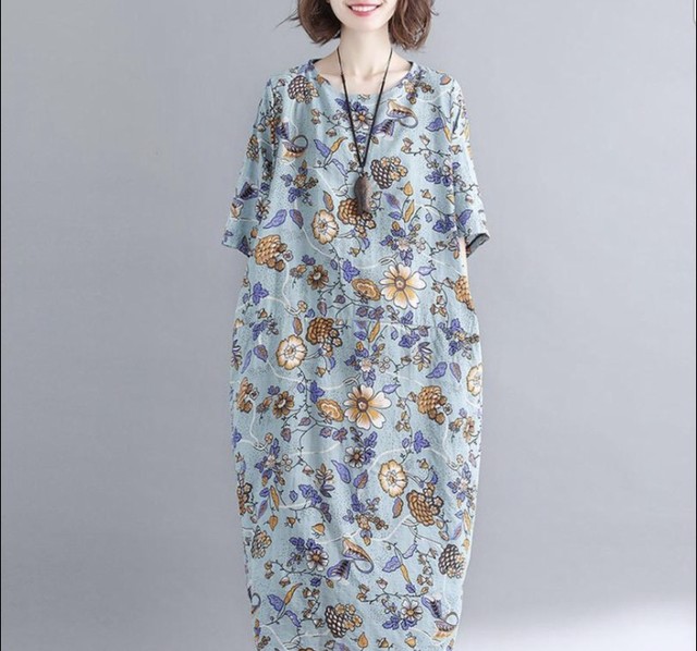 水色系 花柄 ワンピ ゆったり 体型カバー ワンピース ロング丈 薄手素材 お出かけコーデ 買い物コーデ Fashionnshop