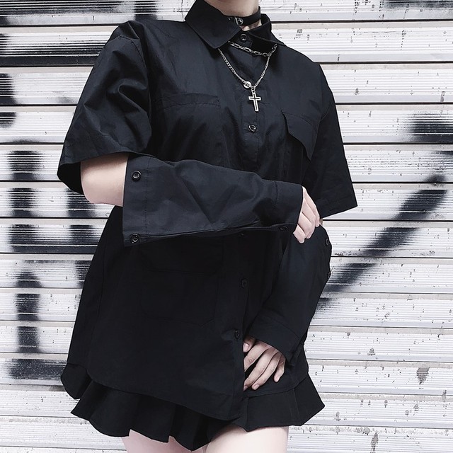 ゴスロリ系 黒シャツ ２way 長袖 半袖 十字架チェーン 病みかわいい ストリート系 V系 オルチャン 原宿系 10代 代 天使と悪魔 サブカル系ファッション Seasonz
