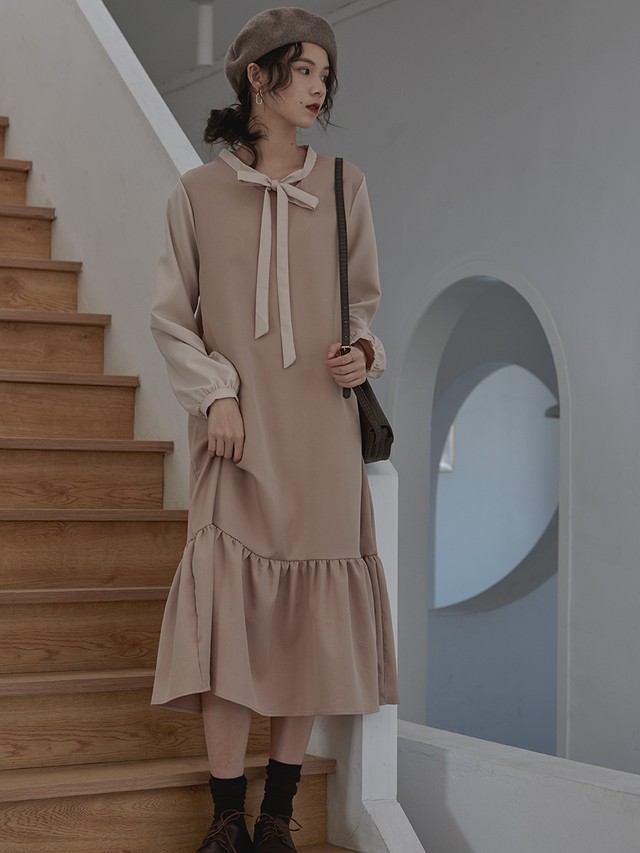 秋レトロ ロングワンピース リボンタイ レディース 長袖 シフォンワンピース フェミニン スモーキーカラー 秋 カジュアル オルチャン 韓国 デート Ptnym3348 Shop Suba