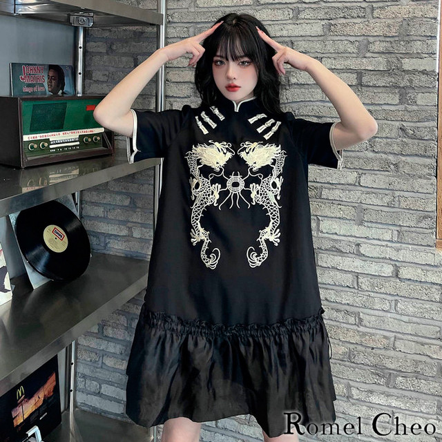 お支払い確認後日以内発送 Romelcheo 龍 刺繍 チャイナ ワンピース 黒 チャイナ風 レディース 半袖 Aライン チャイナボタン 和風 漢服 普段着 和柄 アジアン エスニック ストリート系 原宿系 病みかわ モード系 レトロ ファッション ロメルチェオ Romelcheo