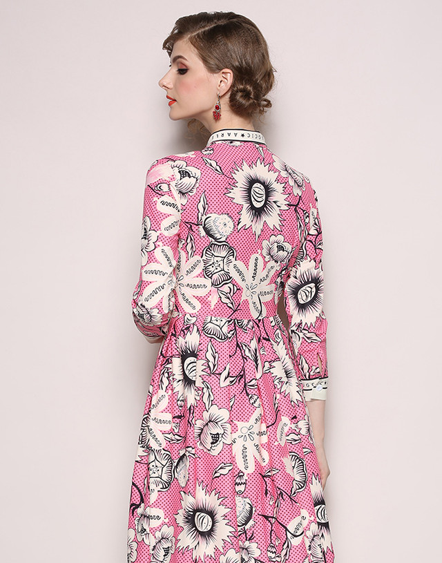 ワンピース ひざ下丈 七分袖 花柄 ボウタイ リボン 大人可愛い エレガント 春 秋 お出かけ デート 女子会 レトロ W A Bell ベル もっと気軽に もっとオシャレを