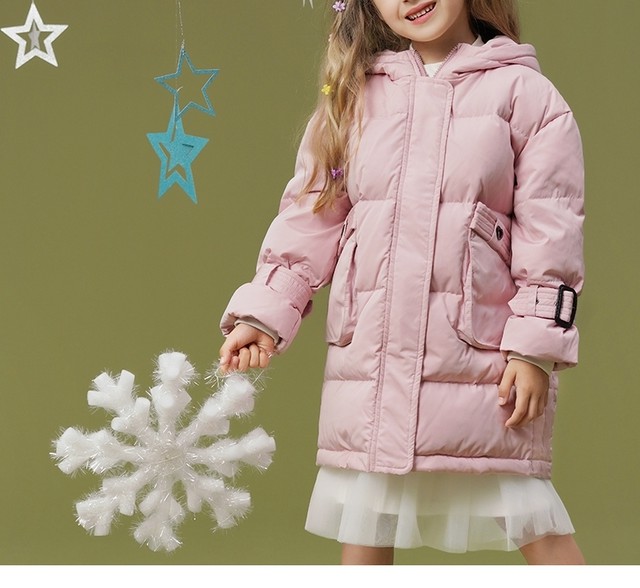 女の子ダウンコートフード付きバルーン袖大きいポケットピンク色