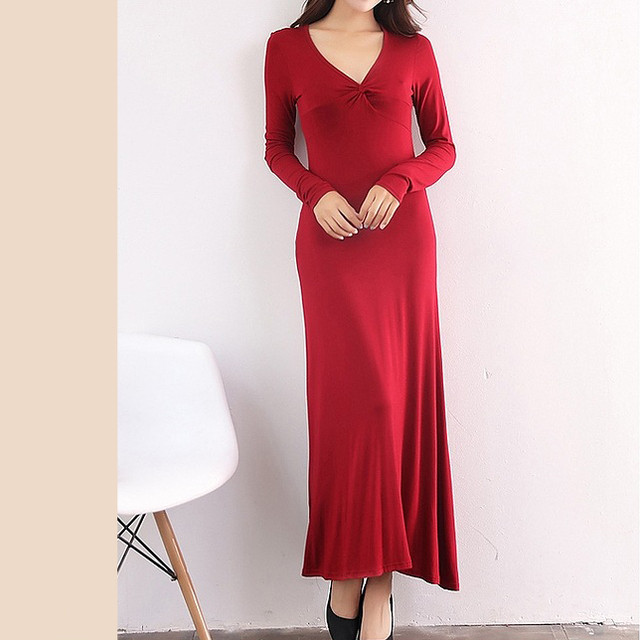 ロングワンピース ドレス Vネック 長袖 ロング マキシ丈 ワンピ タイト 春秋 セクシー 大人可愛い デート シンプル お呼ばれ 可愛い オシャレ きれいめ 秋ワンピ 春ワンピ 細見せ カジュアル おでかけ 紺 赤 シック 新作 無地 Rrn V0056 Otb Closet