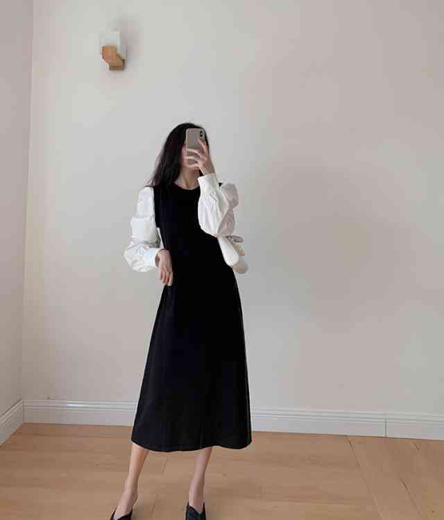 ワンピース レディース ロング丈 ニット ワンピース ニットワンピ カジュアル 長袖 大きいサイズ 春 夏 秋冬 ワンピ クルーネック バルーンスリーブ デート オフィスカジュアル ドッキングワンピース バイカラー 無地 きれいめ 袖コンシャス ウエストマーク リボン