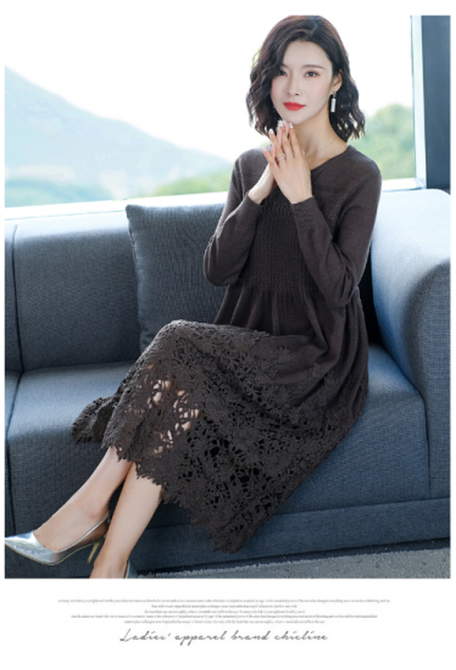 大きいサイズのワンピース 冬 きれいめワンピ ワンピース 膝丈 40代のワンピース 長袖ワンピース 裾レース ニットワンピース K0704 Shopmall To You