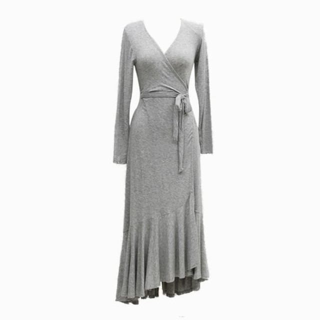 ワンピース ロング丈 Vネック 長袖 無地 Aラインフィシュテール ラップワンピ 秋 大人可愛い きれいめ お出かけ デート ウエストリボン ライトグレー ダークグレー ワインレッド ブラック Virtue