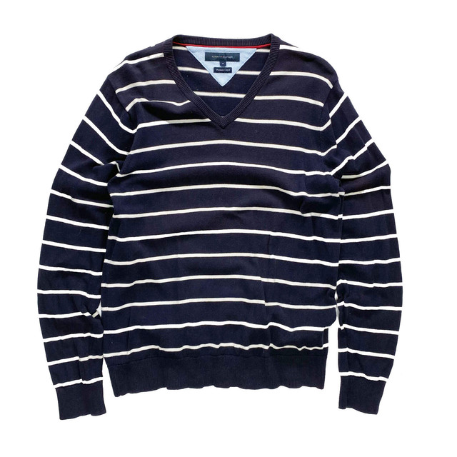 Tommy Hilfiger トミーヒルフィガー ボーダー柄 エルボーパッチ Vネック コットンニットセーター メンズm C1144 古着屋icecream