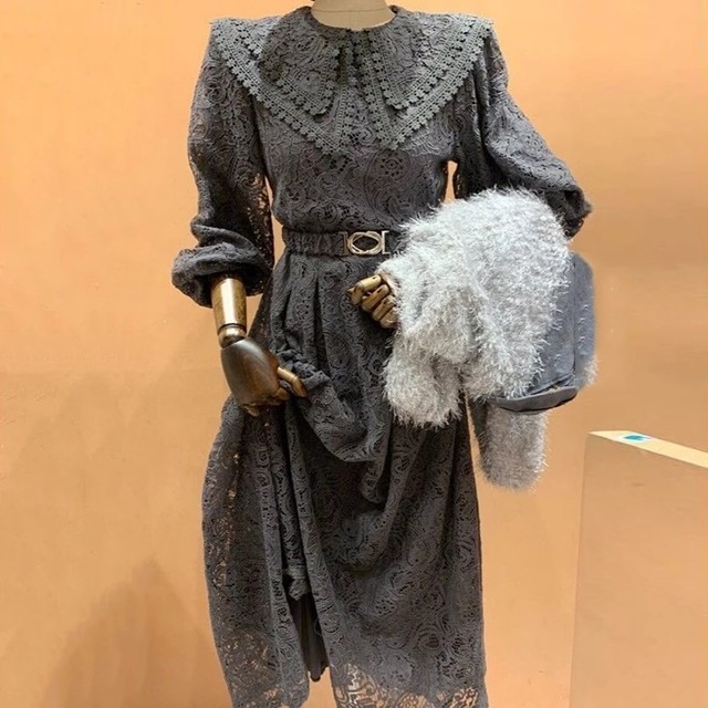 新作 Import 総レースクラシカルビッグカラー 襟フレアロング ワンピース 秋 ふんわり ゆったり ナチュラル フレア ロングワンピース J Marmie Vintage Select