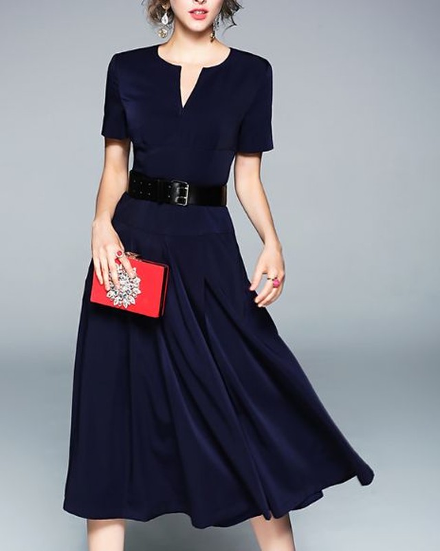 ワンピース レディース コンサバ ｖネック 半袖 ひざ丈 フレアワンピース きれいめ ハイウエスト ウエストベルト ギャザー Jm2134 ワンピ の里