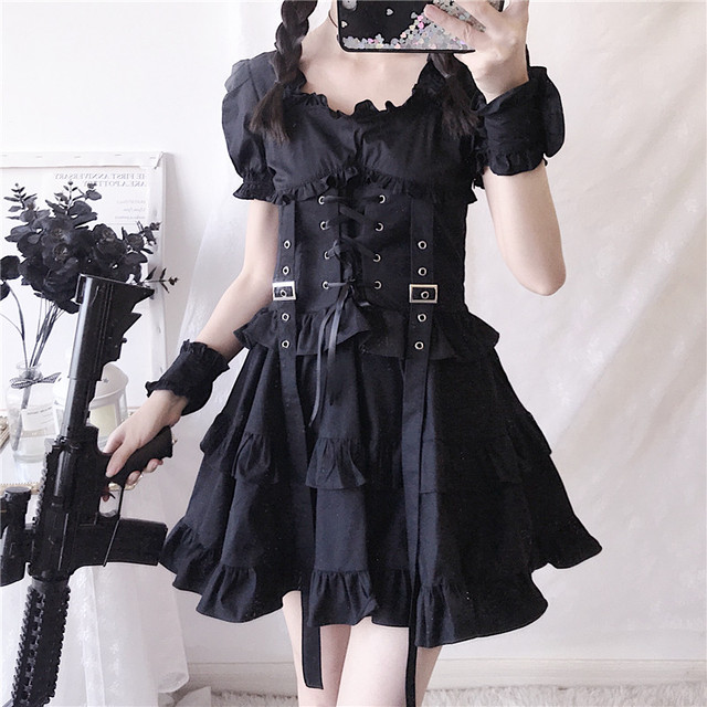 ゴスロリ系 ワンピ 半袖 ショート丈 ミニワンピ 編み上げ コルセット ストラップ パフスリーブ ハイウエスト 病み可愛い 韓国 オルチャン ロリィタ 原宿系 10代 代 Dressyなモード系 ゴシック専門店 Ladies Fashion Seasonz