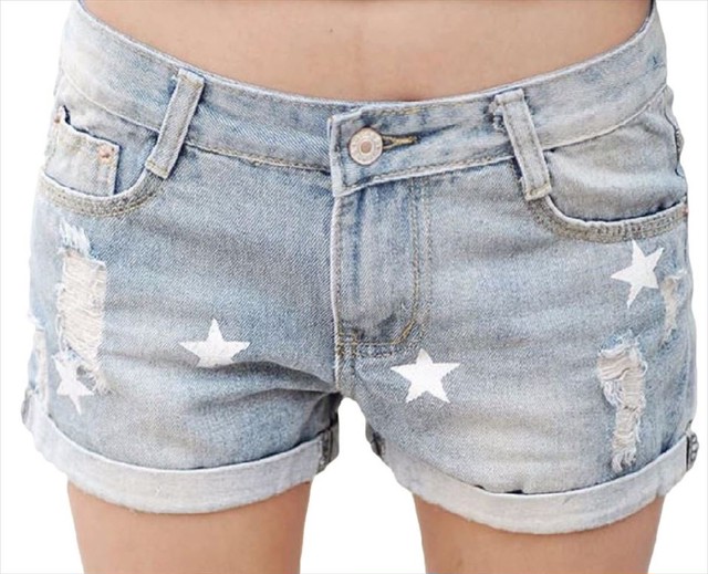 ナナコレクション Nana Collection 15 夏 美脚 脚長 スリム 大きいサイズ スター 星 プリント ゆる カウガール デニム ジーンズ 短パン ホットパンツ ショーパン カジュアル 女性 レディース ショートパンツ ブルー 35inch Nanacollect