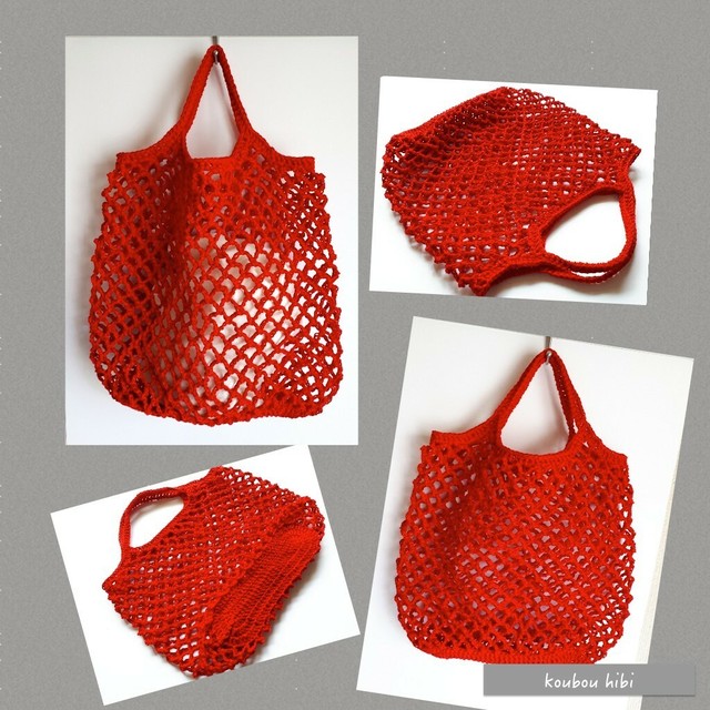 ネット編みバッグ L Red Shophibi