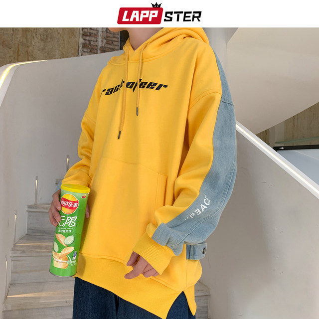 Lappsterメンズフリースデニムパッチワークパーカーメンズオーバーサイズヒップホップ原宿スウェットシャツ秋男性デニムフード付きパーカー かわいい Lappster公式ストア Efect