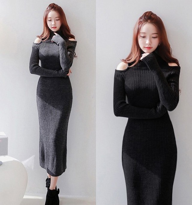 2color 肌みせハイネックロングニットワンピ Loner Select 韓国ファッション 海外ファッション セクシーコーデ ギャル服